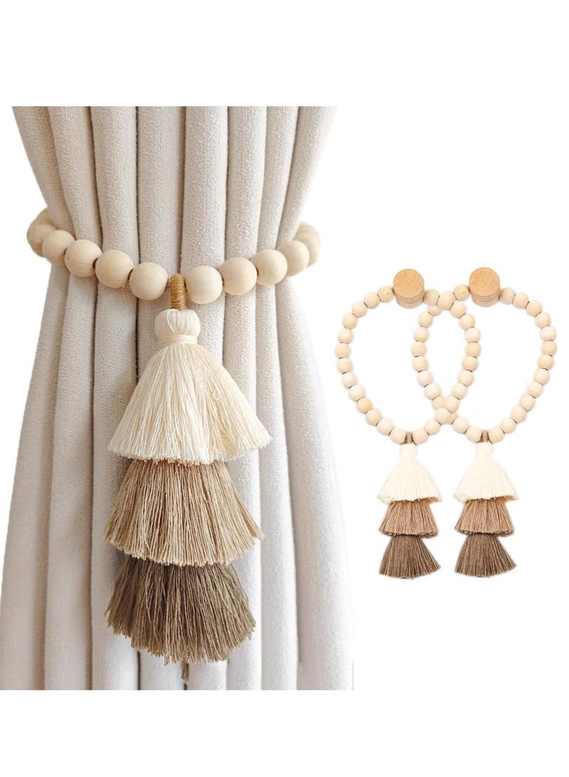 Bukela 2 Pack Curtain Tiebacks, Handmade Magnetic Wooden Bead Curtain Tiebacks, Simple Elegant Magnetic Tassel Curtain Tie Backs, Accessories Wall Decoration - Image 1